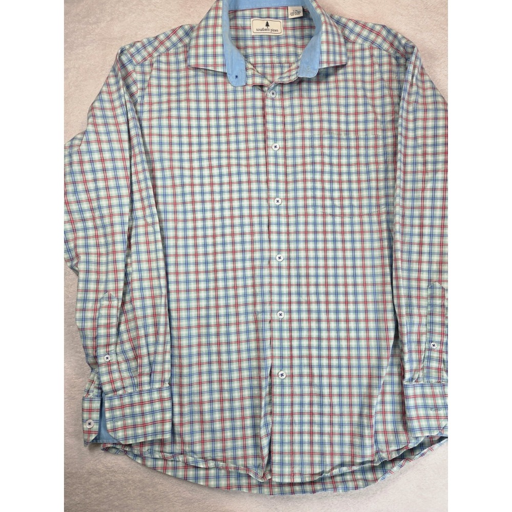 Southern Pines Plaid Button Down Shirt Mens Large Blue Red Preppy Coastal Casual